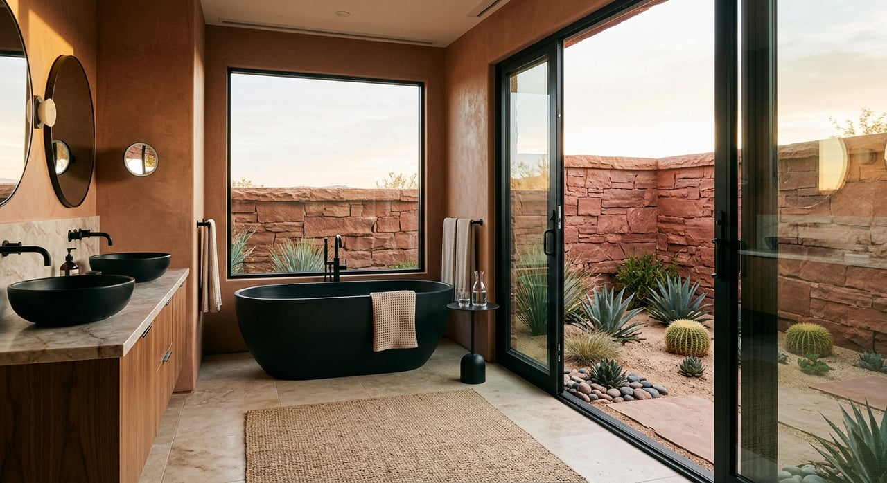 Oval white tub faces a glass-walled courtyard planted with agave, yucca, and desert grasses.