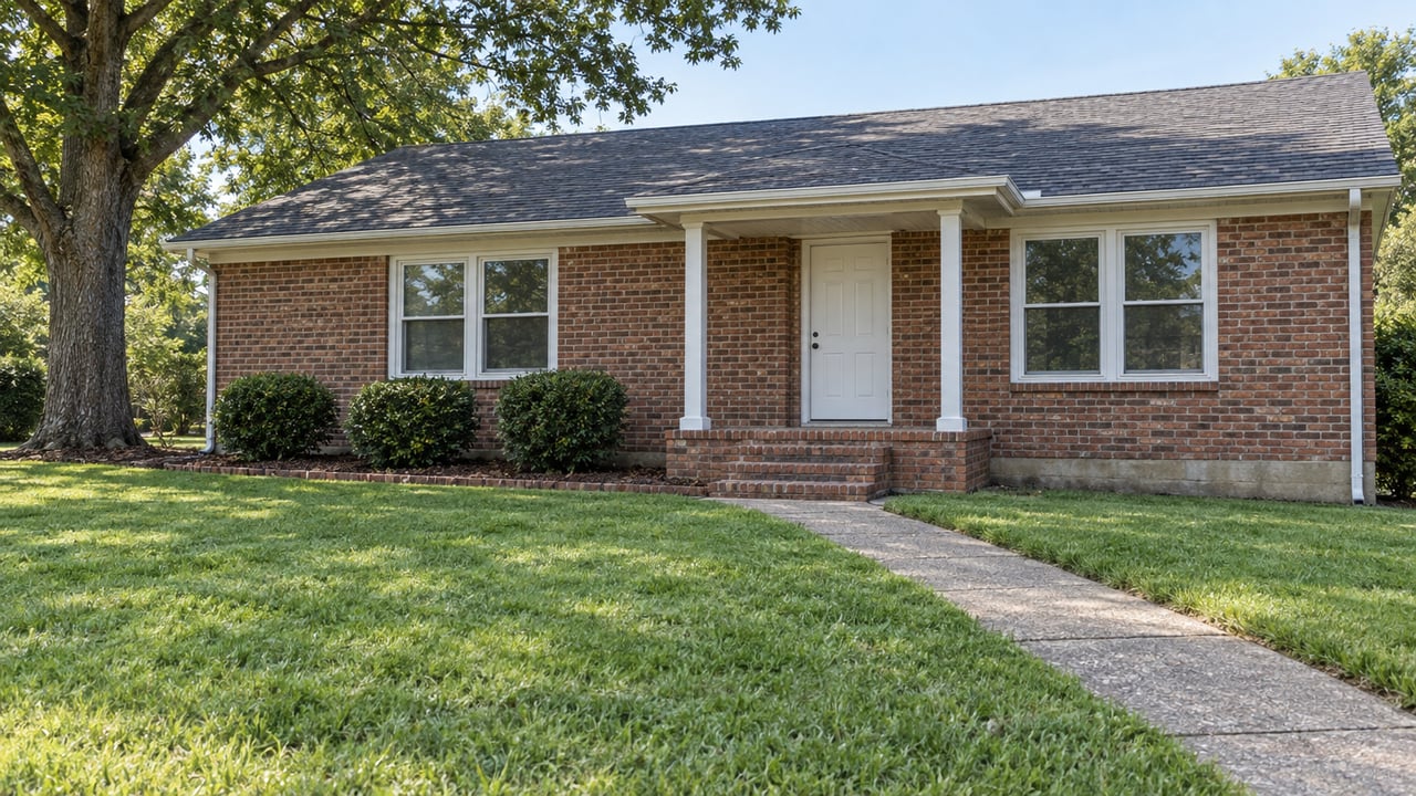 A modest brick ranch with white double-hung windows, a covered brick entry and a deep green lawn beneath a mature oak.