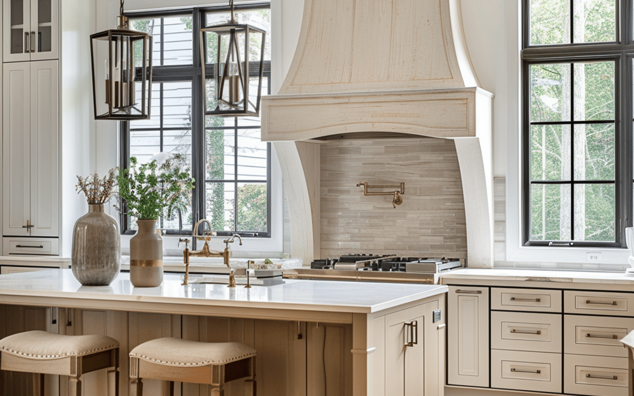 Bright kitchen with a marble island, brass fixtures, and an oversized range hood.