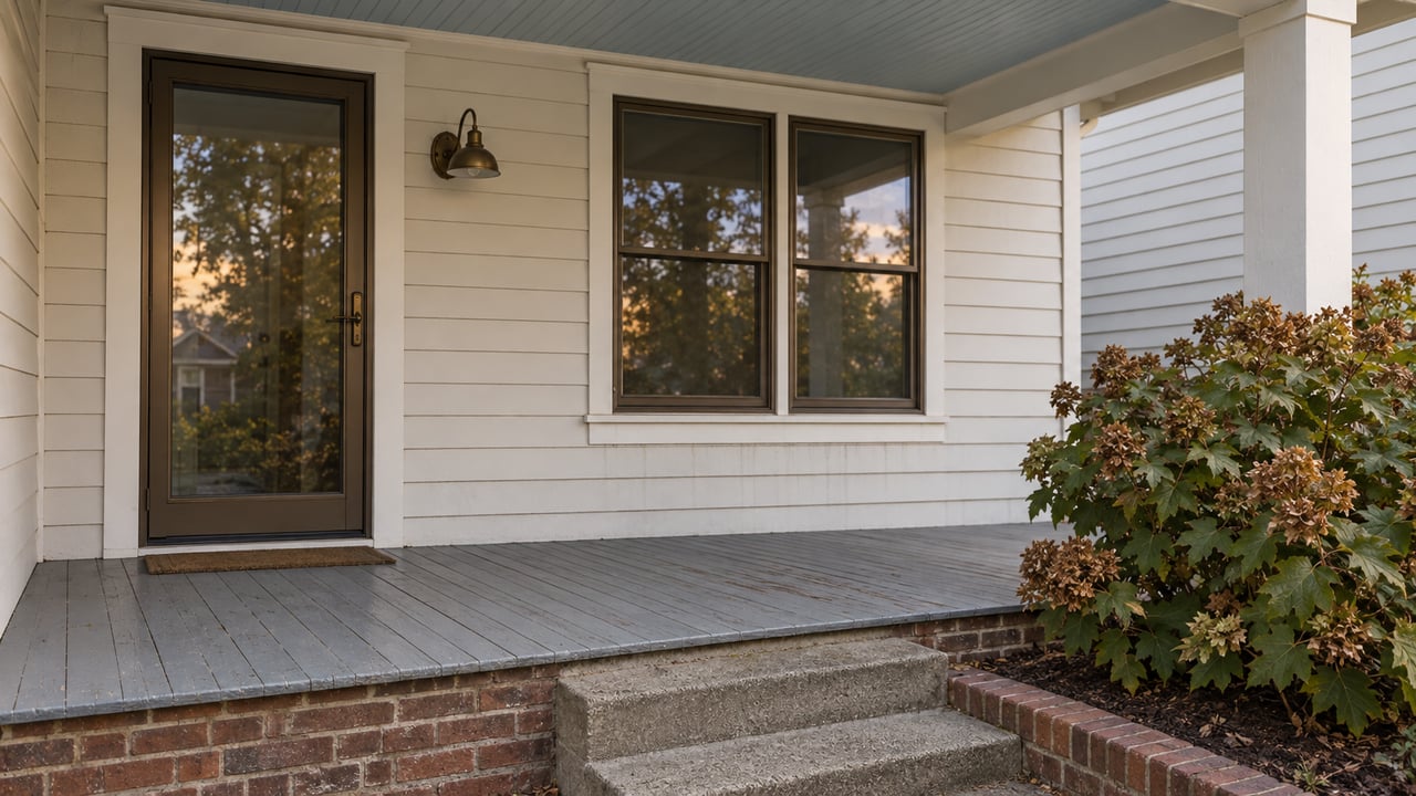 Pale cottage porch with a glazed bronze-framed door, paired window, weathered gray floorboards and oakleaf hydrangea beside brick-edged steps.