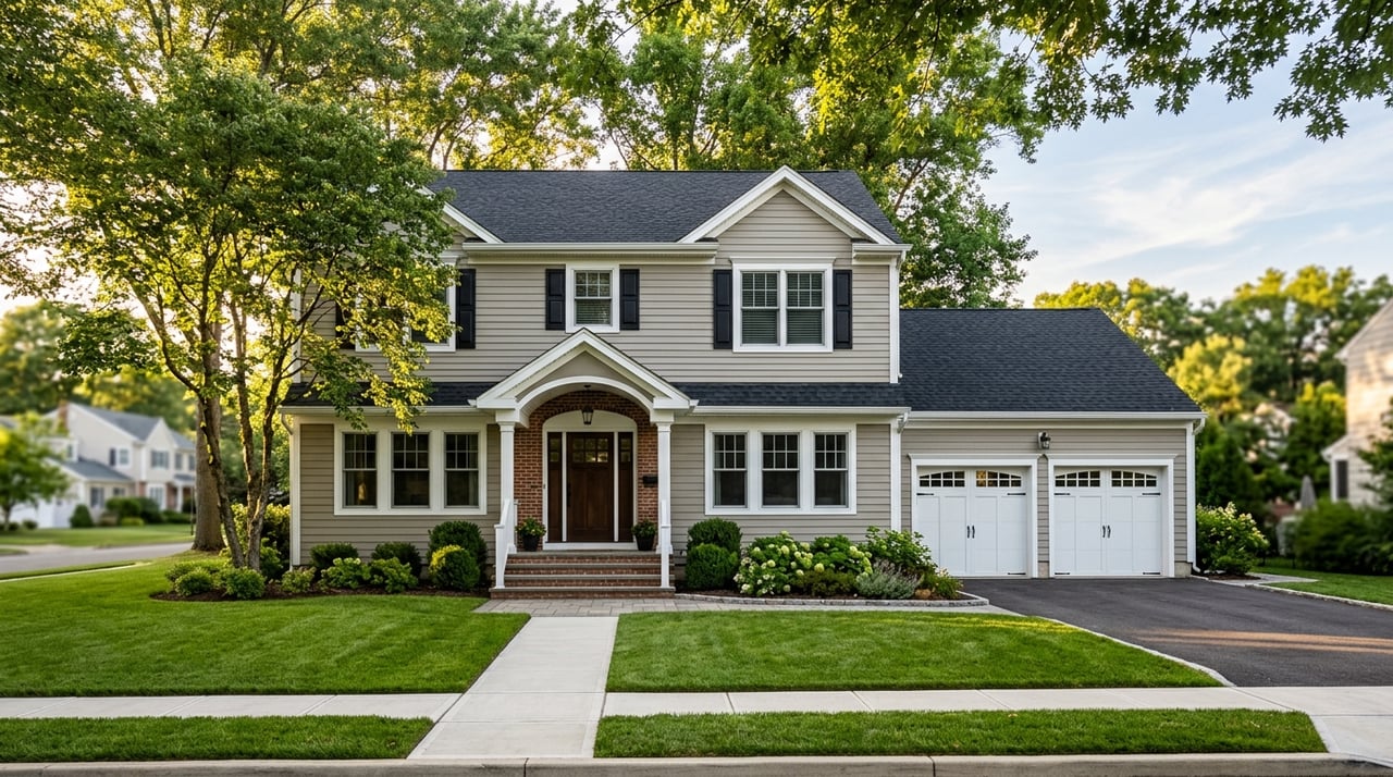 Greige colonial house with an attached garage, concrete driveway, and porch flanked by shrubs.