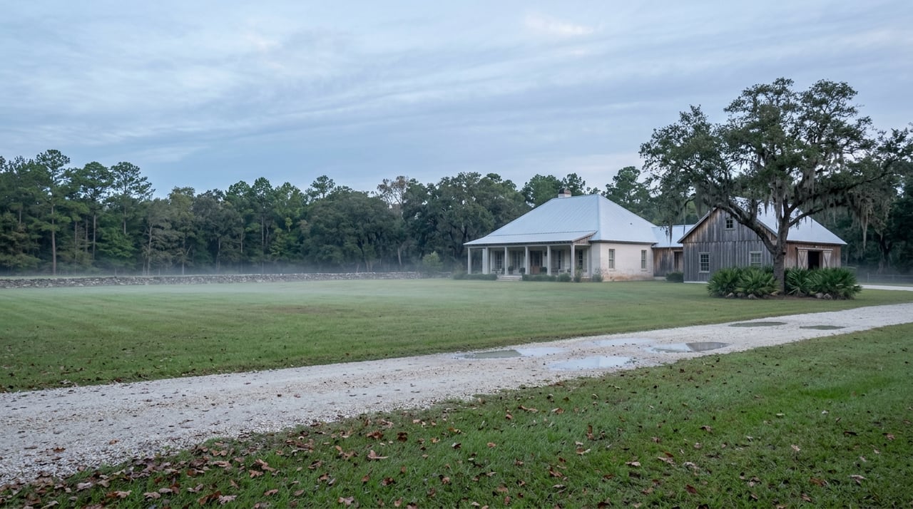 Country house and stable beyond misty pasture, with moss-draped oak and stone wall.