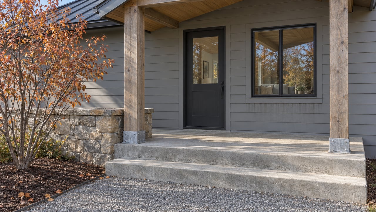 Autumn sunlight across a covered home entry with fir posts, gray siding, broad concrete steps and copper-leaved serviceberry.