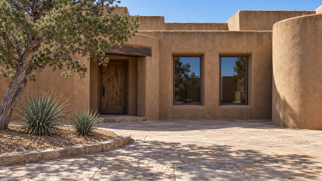 Sunlit earthen home with stepped parapets, recessed timber entry, sandstone arrival court, and a mature pinyon in a stone-edged planting island.