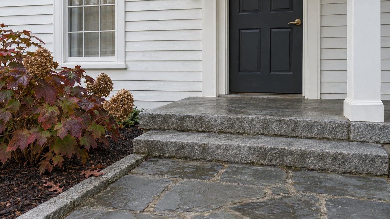 Charcoal paneled front door beside a white clapboard facade, with granite steps, a flagstone walk and burgundy oakleaf hydrangea.