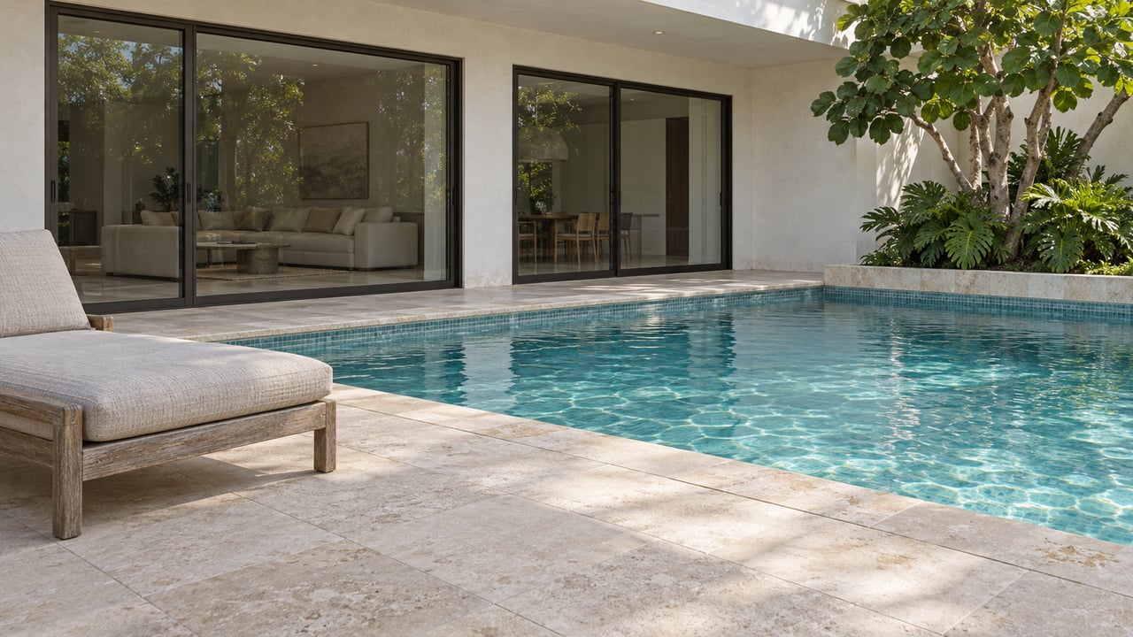Cream limestone terrace beside a turquoise pool, with bronze-framed glass doors, a weathered teak lounge and a sculptural sea grape tree.