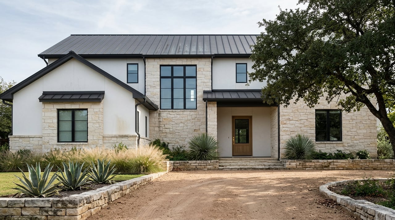 Two-story white stucco and limestone home behind a gravel motor court, with agave, grasses, and a sprawling live oak.