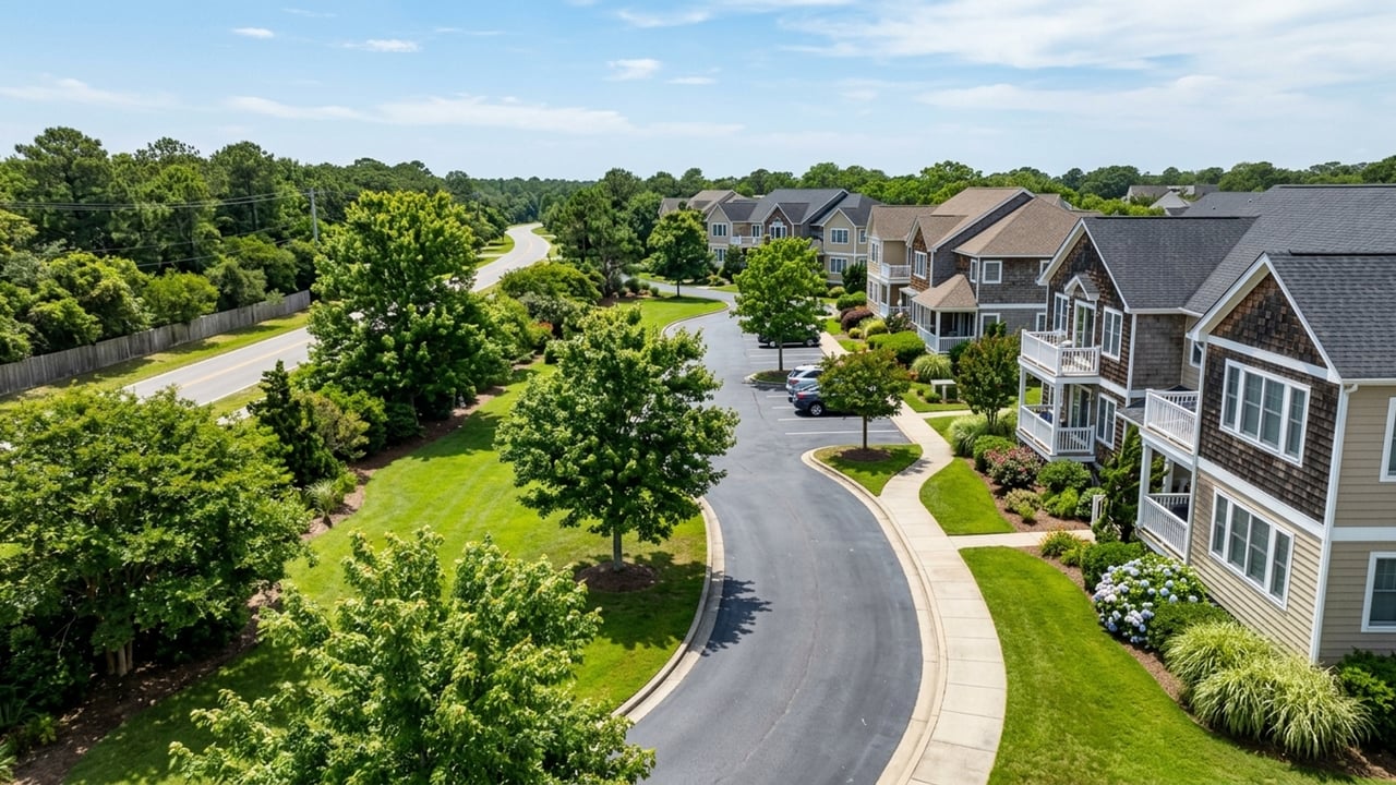 Sandpiper Cay condos beside a curving road, with balconies, landscaped lawns, and mature trees.