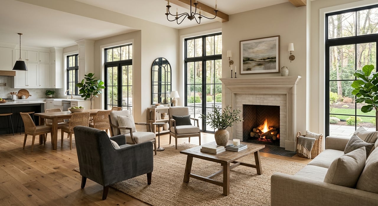 Living room with a limestone fireplace, oak built-ins, black-framed windows, and a glimpse of the dining area.