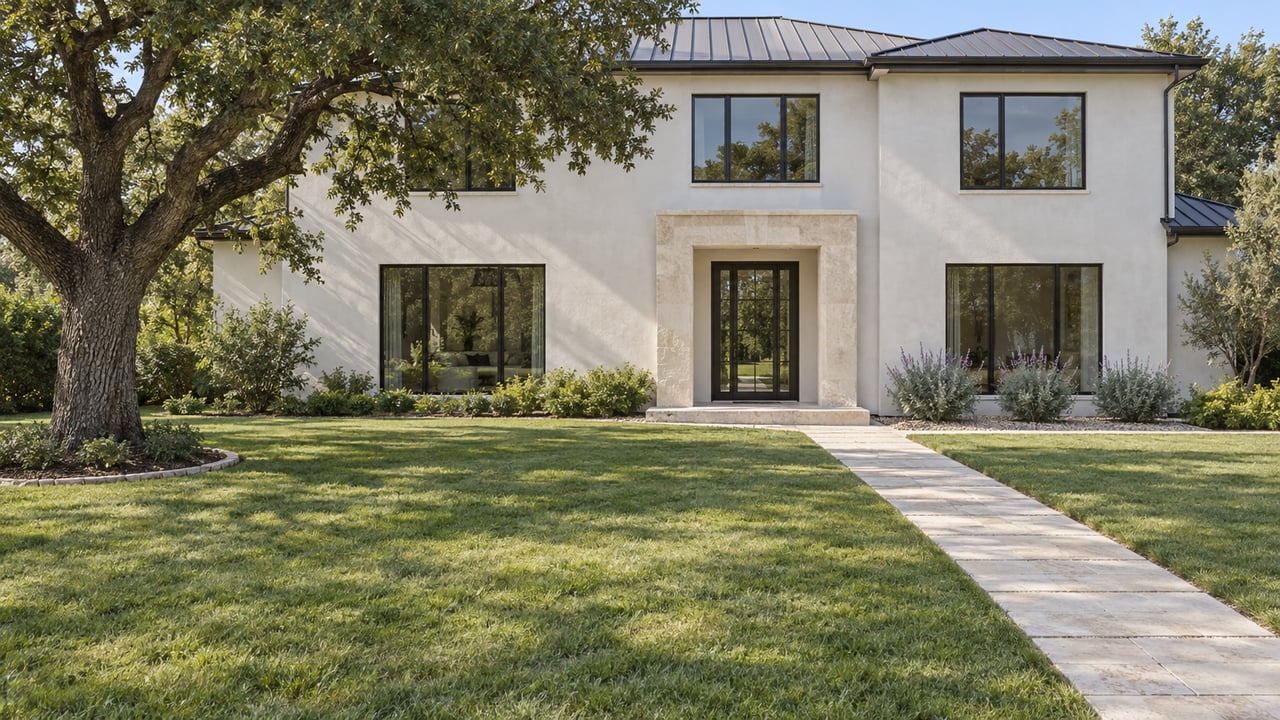 Sunlit white-stucco residence with black-framed windows, a limestone entry walk and a mature spreading oak above a deep front lawn.