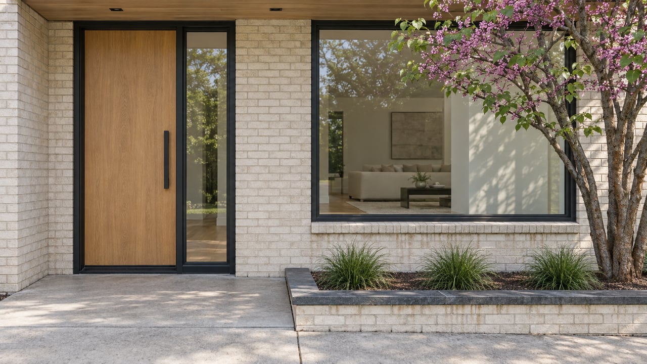 Warm-white brick house entry with an oak door, tall sidelight, broad window, and redbud branches.