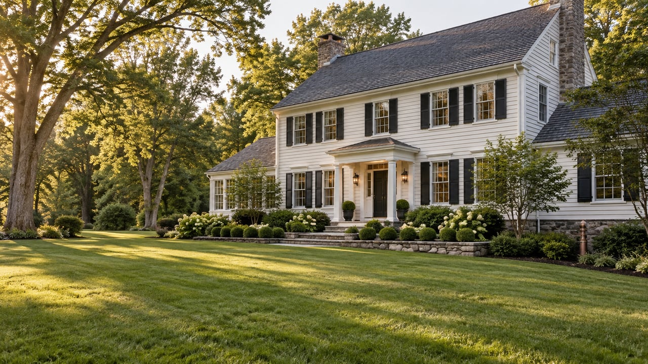 Luxury Colonial home in Avon, Connecticut, with mature landscaping and a discreet exterior oil-fill pipe.