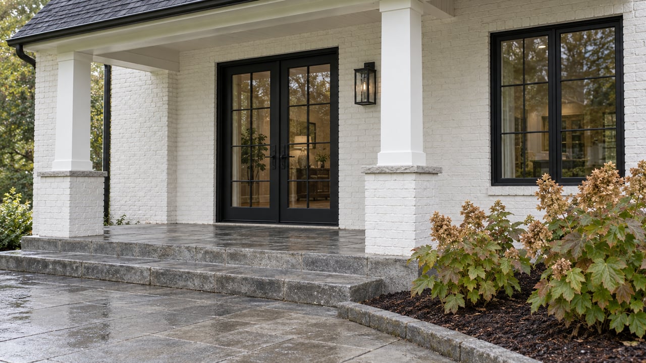 Covered entry with white-painted brick, black divided-light French doors, gray paving and bronze-tinted oakleaf hydrangeas.