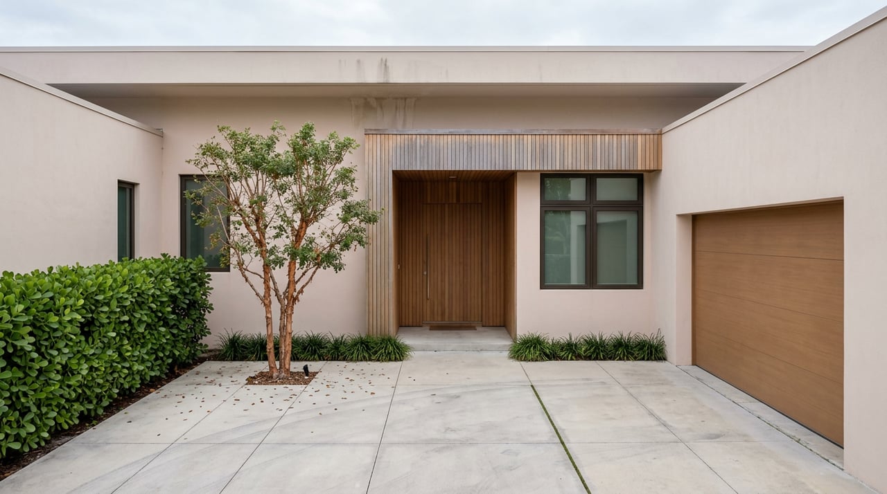 Contemporary home courtyard with a wood-slat entry, concrete pavers, and peeling-bark gumbo limbo tree.