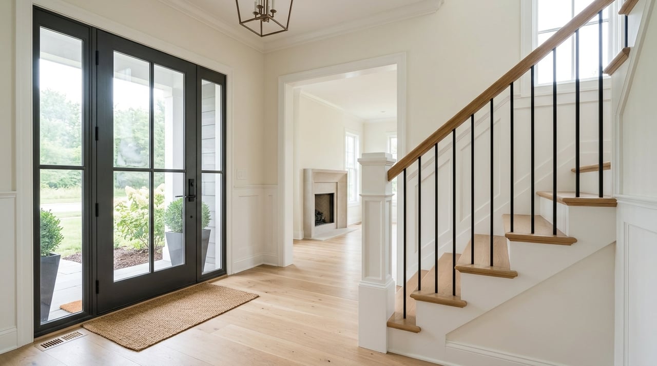 Bright foyer staircase framed by white millwork, with oak and black steel accents.