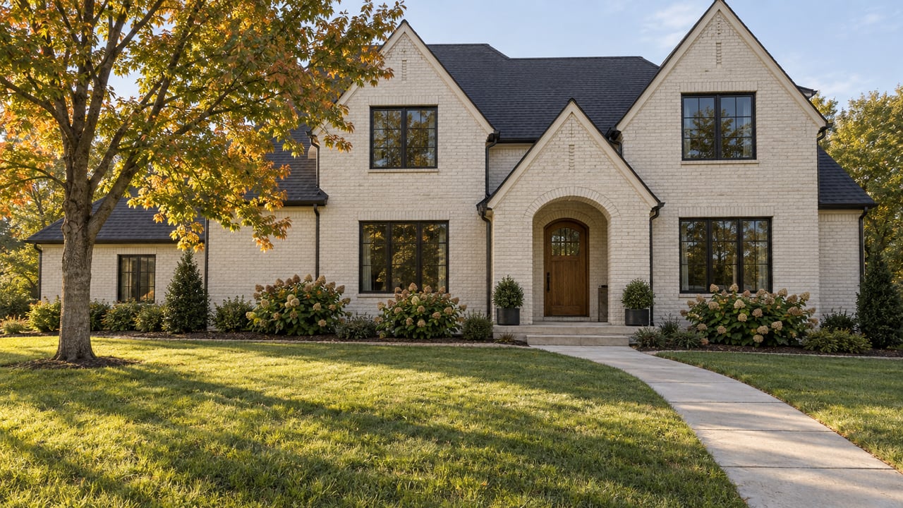 Painted-brick home with steep charcoal gables, black-framed windows and an arched oak entry beyond a deep lawn and curved concrete walk.