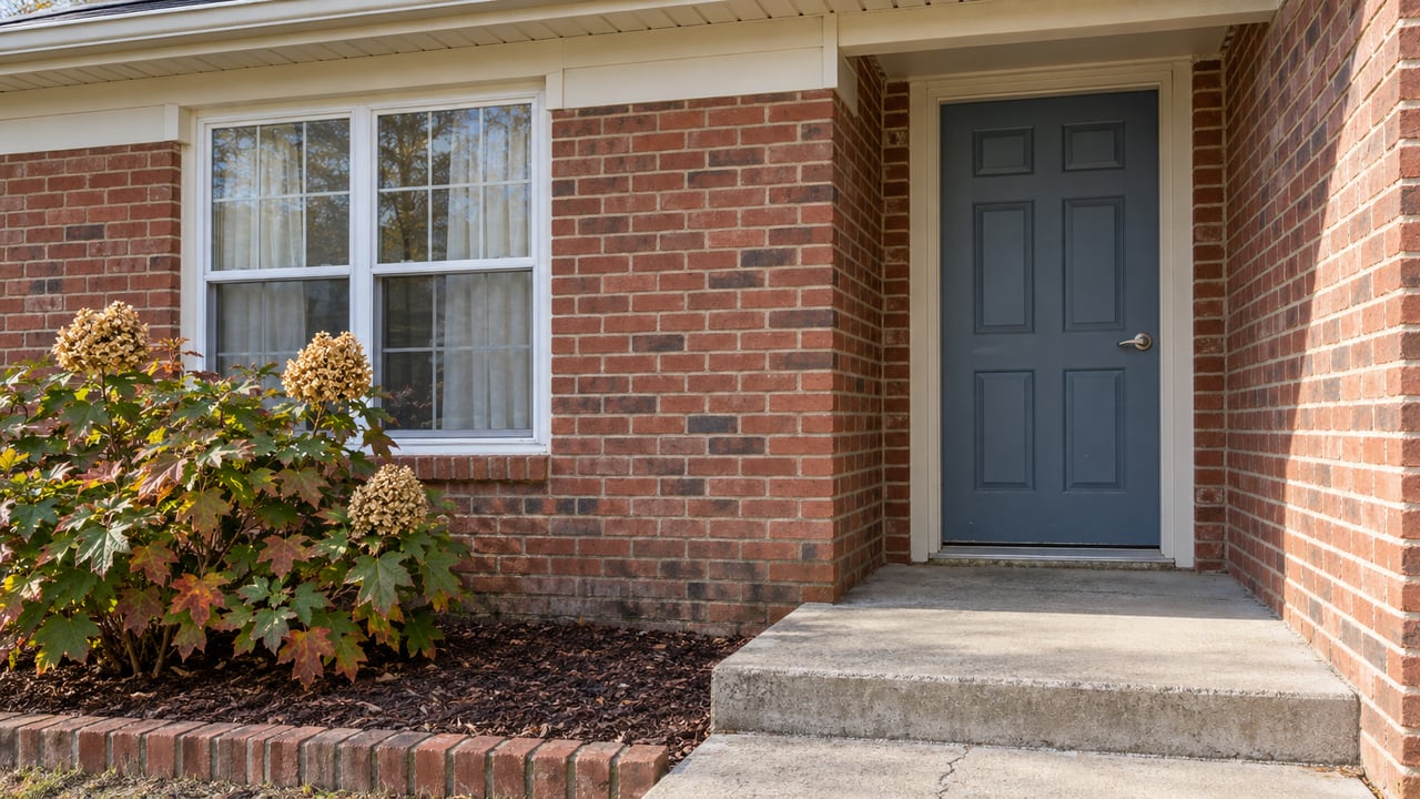 Close view of a red-brick home's blue-gray front door, white-framed window, and concrete porch beside an oakleaf hydrangea.