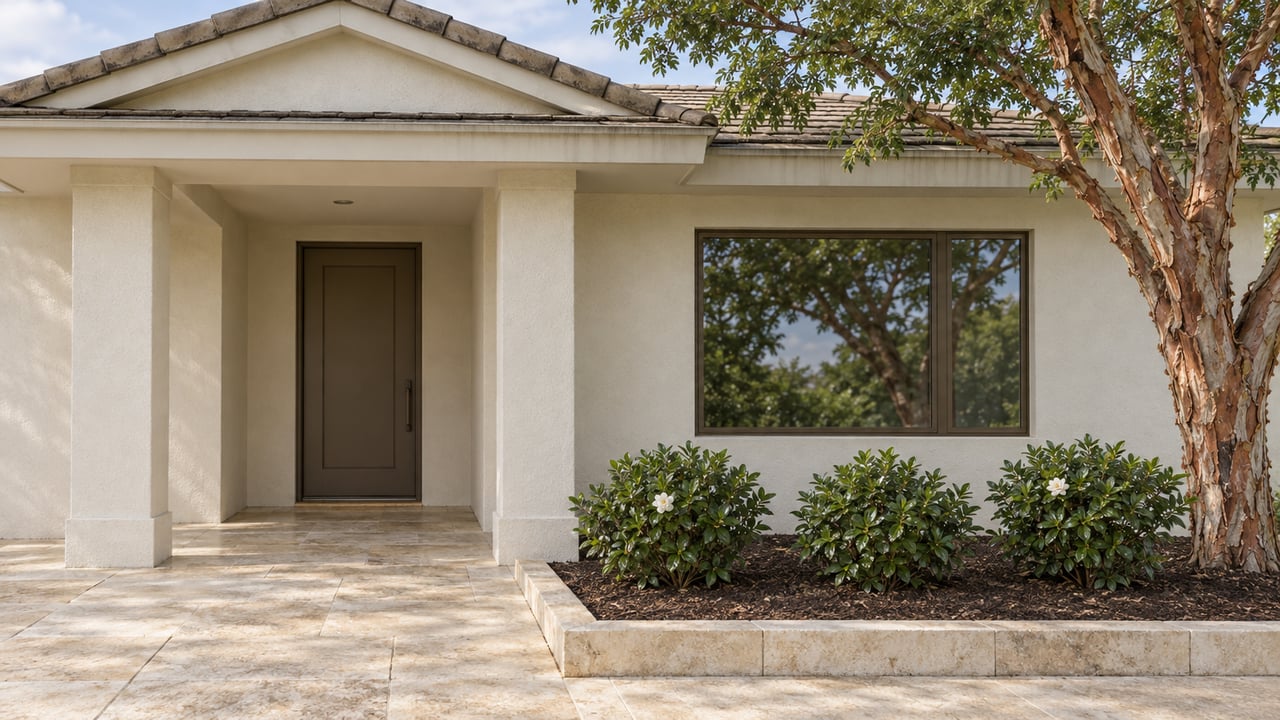 Cream single-story home with a sheltered limestone entry, bronze-framed window, peeling copper tree bark and flowering gardenias.