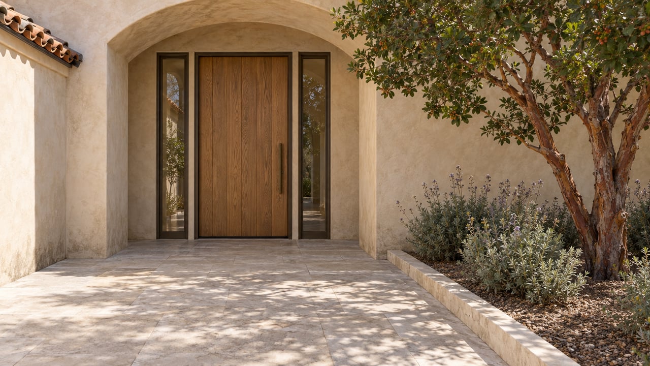 Sunlit stucco entry arch framing a closed oak door and paired glass sidelights, beside a strawberry tree in a raised-border planting bed.