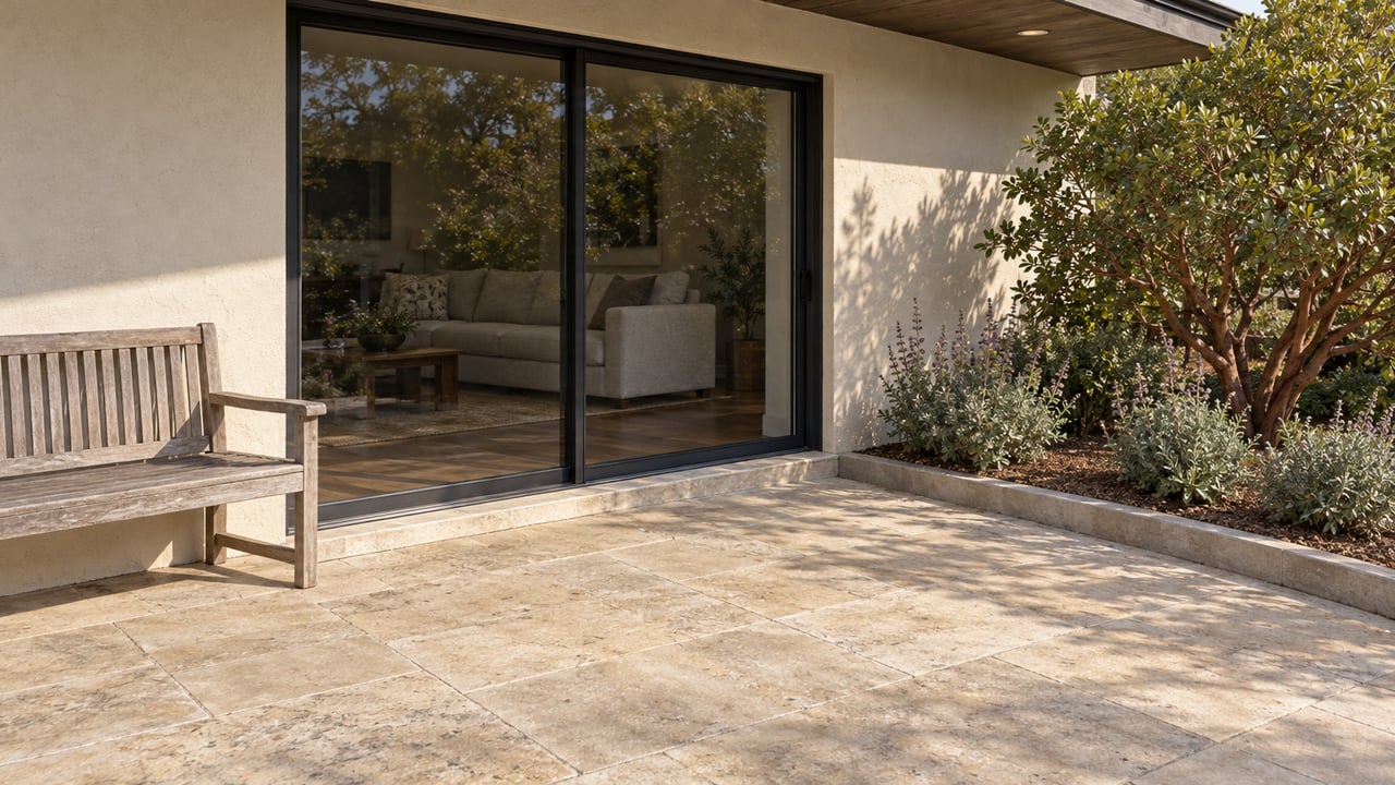 Sunlit limestone patio outside ivory stucco walls and closed glass doors, with a weathered teak bench and a manzanita planting bed.