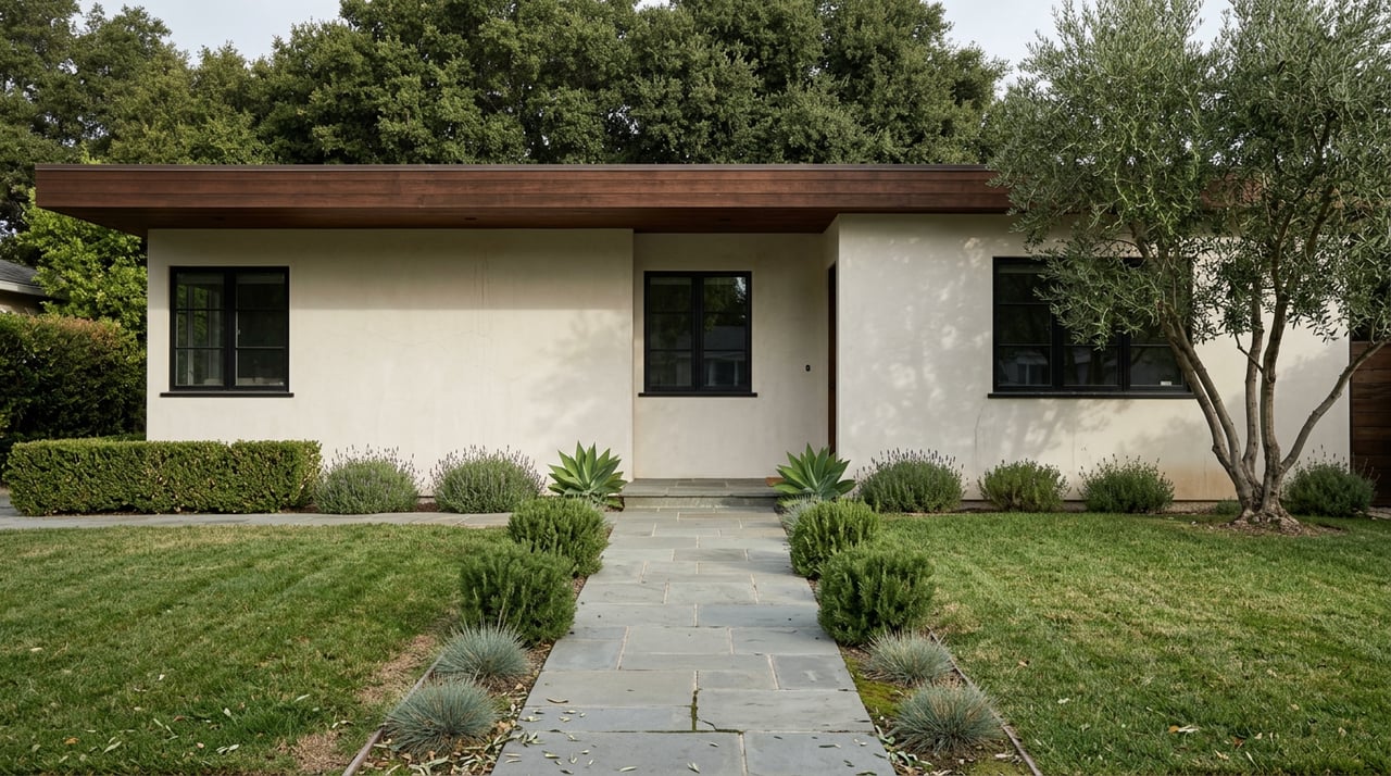 Stucco home with cedar eaves, black-framed windows, and bluestone path beneath a dense oak canopy.