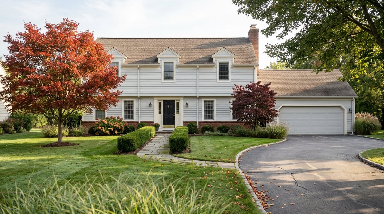 Two-story dove-gray colonial with white trim, a curved driveway, and a red-orange maple tree.