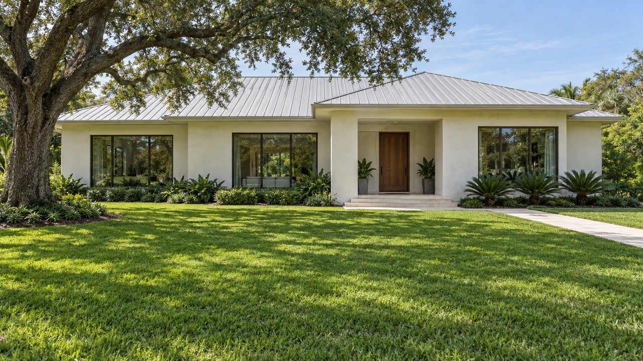 Low white stucco home with a pale metal roof, bronze-framed windows and recessed teak entry beyond a deep lawn and spreading live oak.