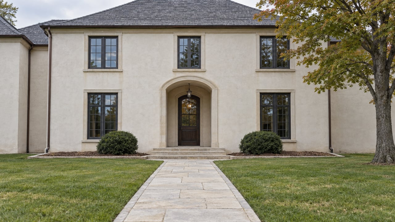 Pale stucco house with dark windows and a slate hipped roof, seen across a deep lawn and limestone entry walk beside an autumn maple.