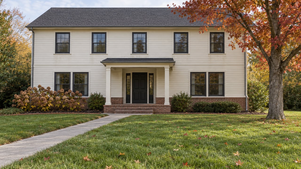An ivory-sided two-story home with dark window frames, a brick porch and deep green front lawn beside a red maple in autumn.