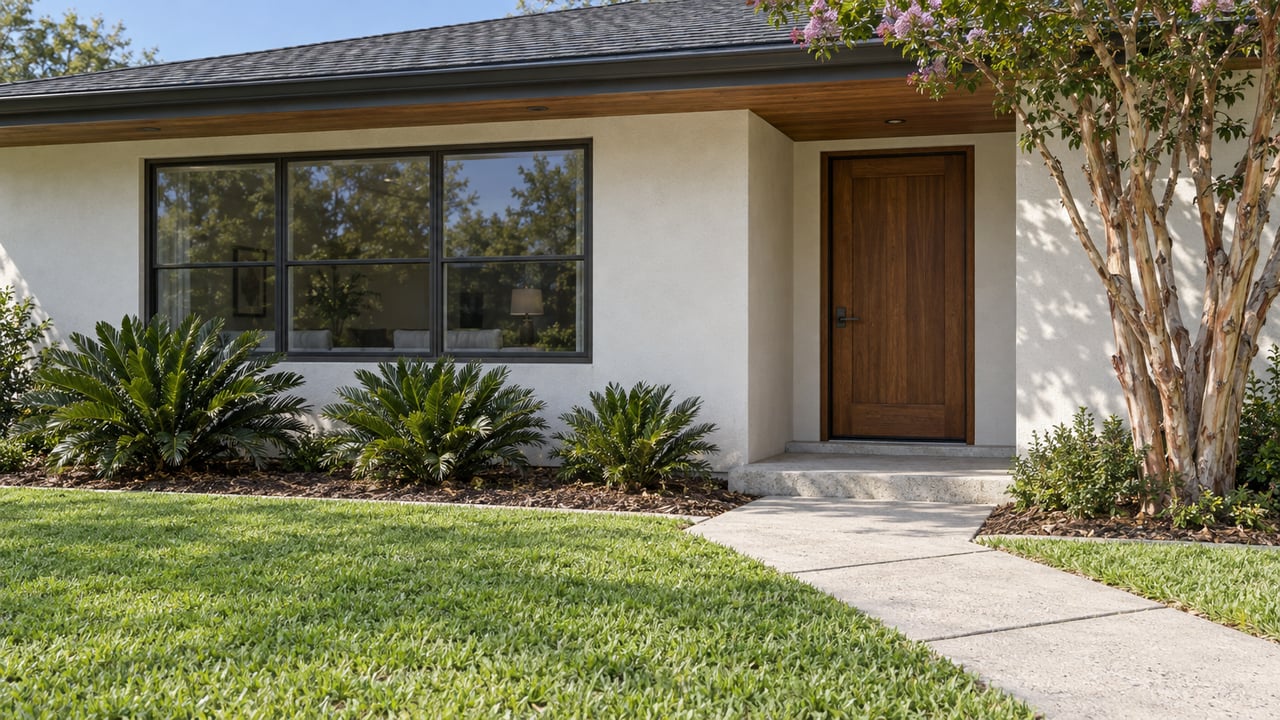 Low-roofed stucco home with a timber soffit, broad window, recessed wood entry and a concrete path crossing a green front lawn.