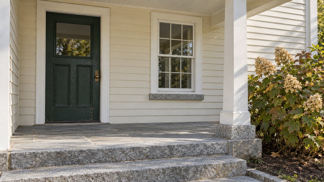 An ivory clapboard home's sheltered dark-green front door, granite porch steps and an oakleaf hydrangea in early autumn daylight.