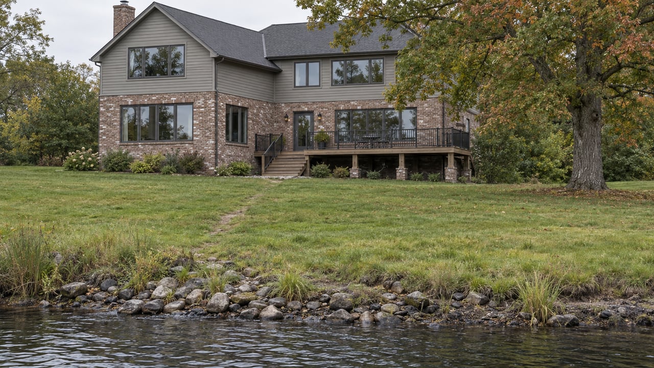 Two-story brick and gray-sided house beyond a deep lawn, with a timber deck, worn path, and tree beside rippled water.