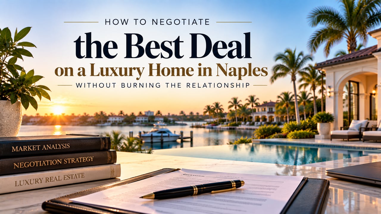 Luxury waterfront home in Naples, Florida, with a real estate contract and market analysis materials, representing evidence-based negotiation strategies for luxury home buyers seeking the best deal in the Naples real estate market.