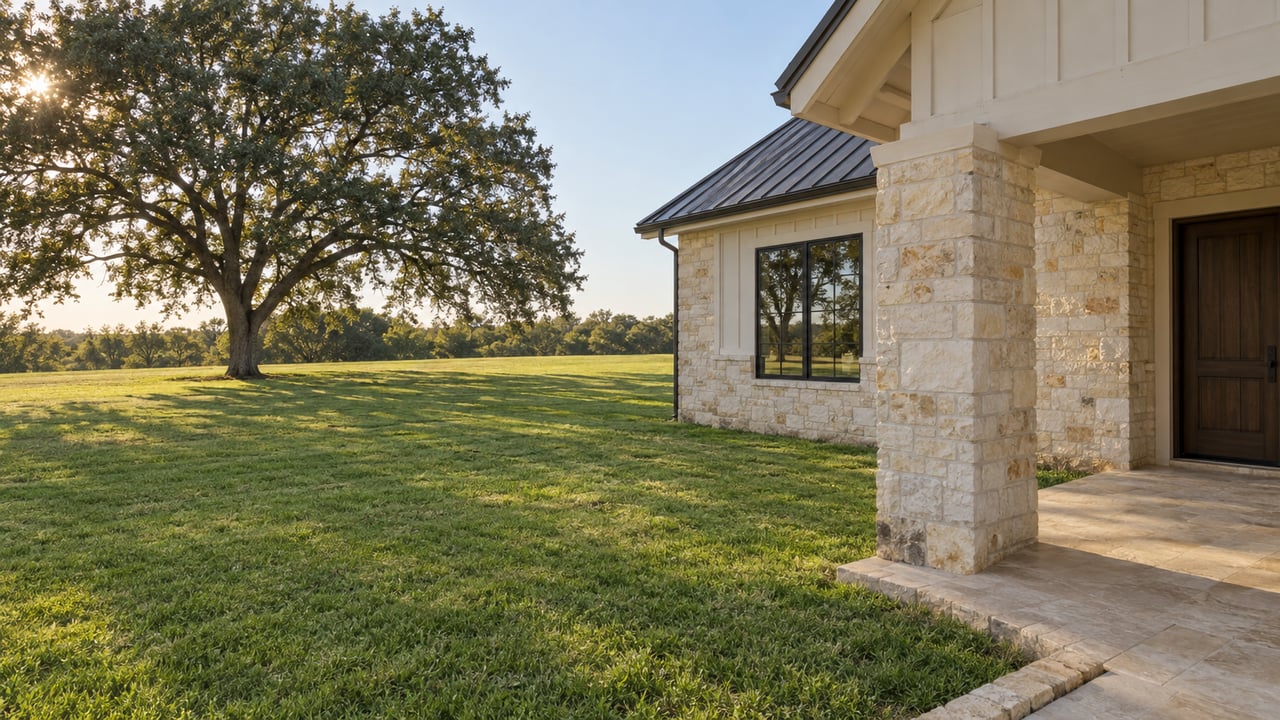 Limestone-and-brick acreage home beyond a broad mown lawn, with a mature oak beside the porch.