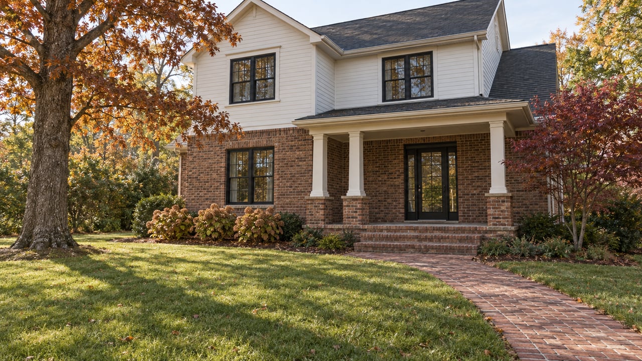 A brick and white-sided gabled home behind a deep autumn lawn, with a covered porch and mature oak.