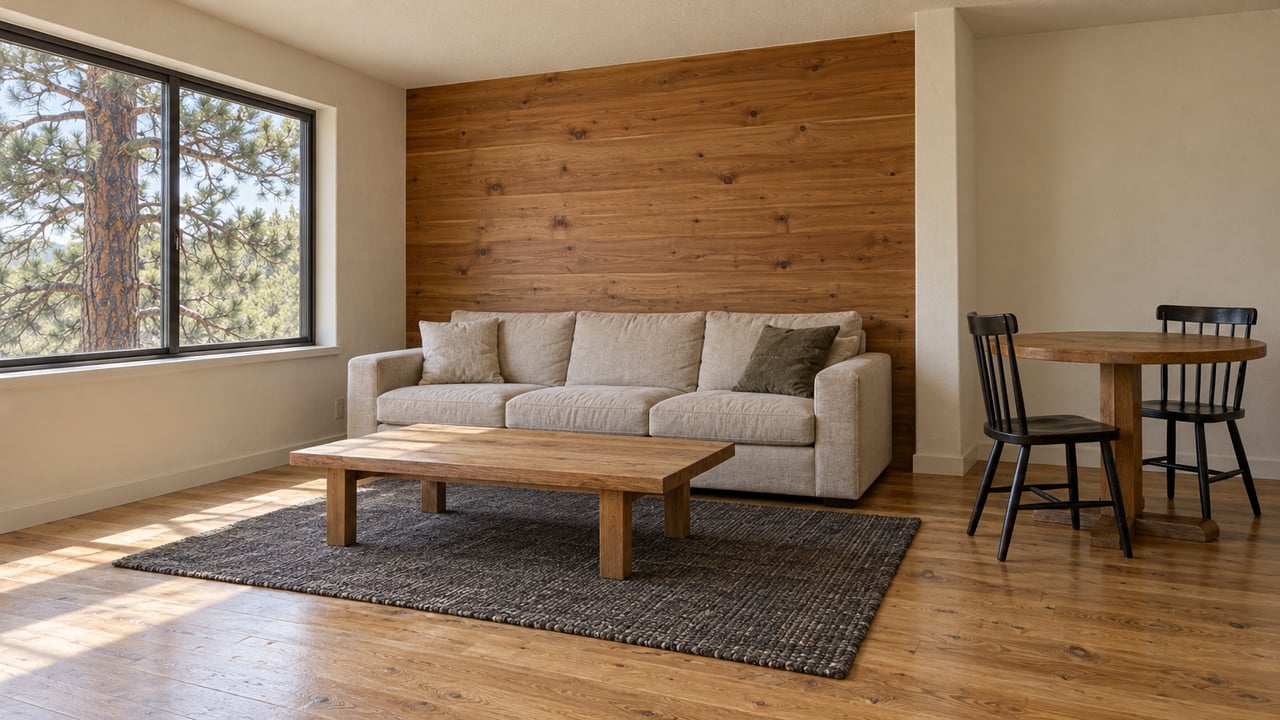 Sunlit living room with a linen sofa, oak furnishings, cedar wall paneling, and a pine visible through a closed window.