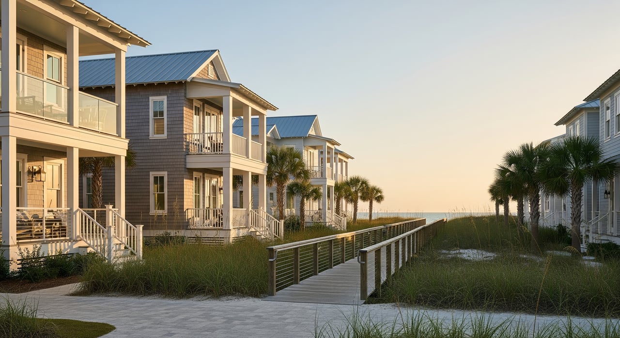 Wooden boardwalk between coastal houses and marsh grass, leading toward the ocean at sunset.