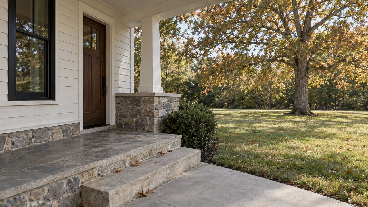 Covered stone porch beside a warm-white house, with broad steps, a lawn, and a bronze-leaved oak.