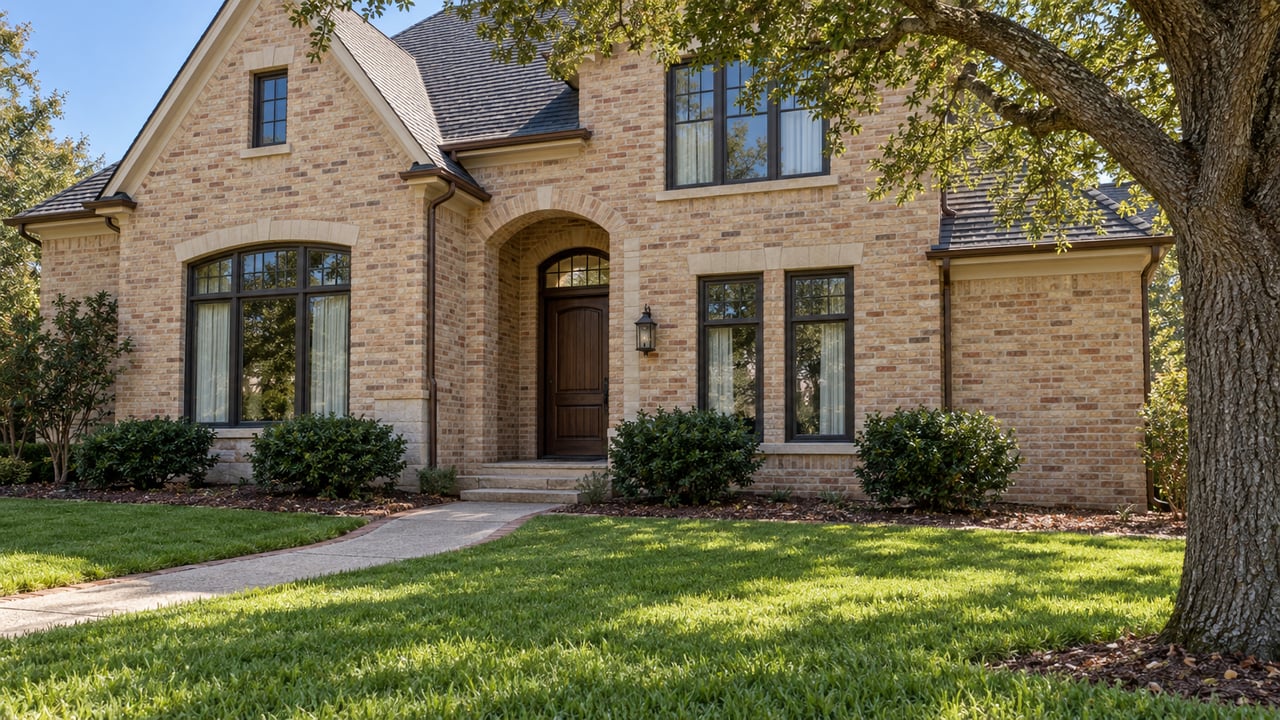 A buff-brick home with an arched oak entry, a deep green lawn and a mature spreading oak in bright morning light.