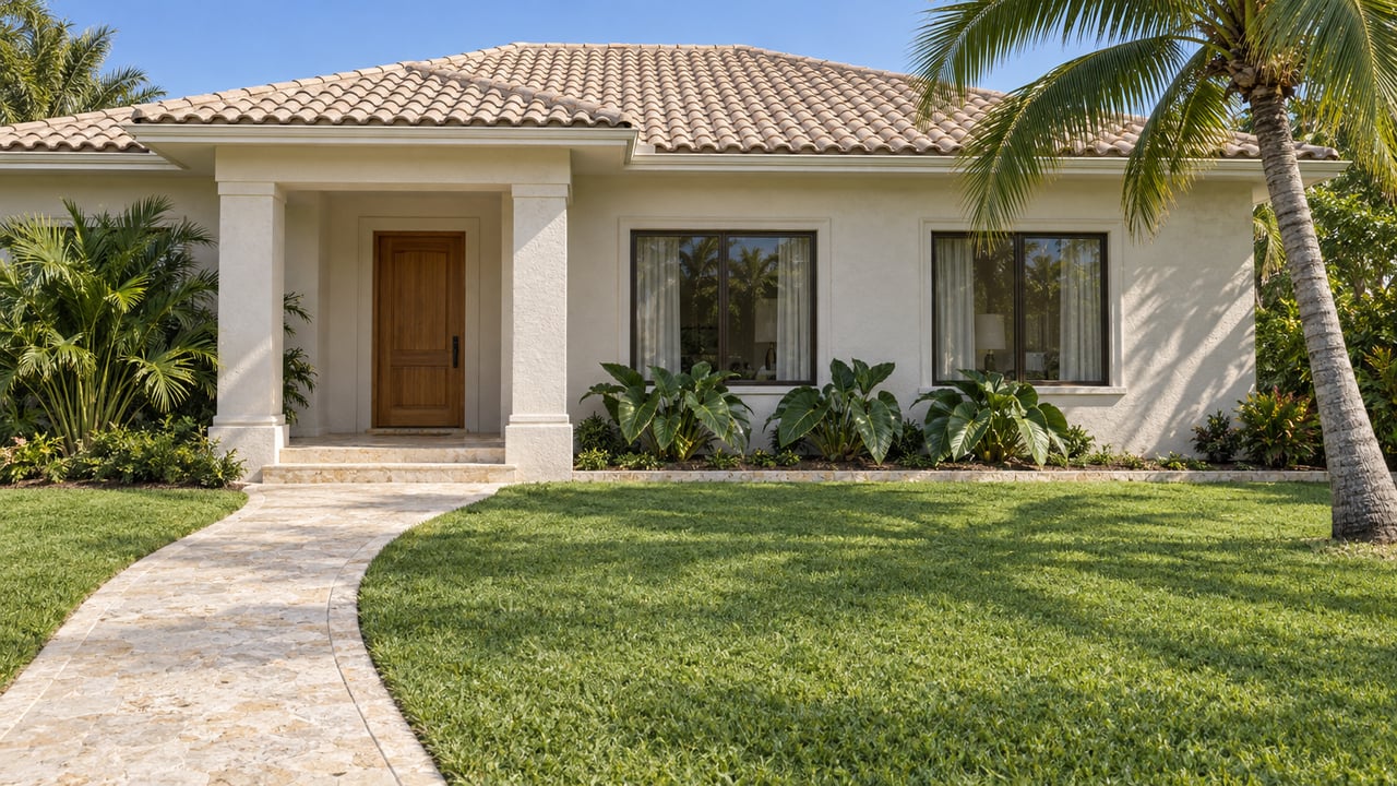 Light stucco home with a barrel-tile roof, recessed porch, shell-stone walkway and deep green lawn beside a single curved coconut palm.