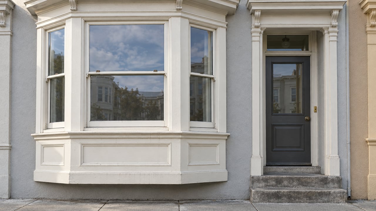 Off-white projecting bay window with three glazed sections beside a charcoal door and weathered concrete stoop.