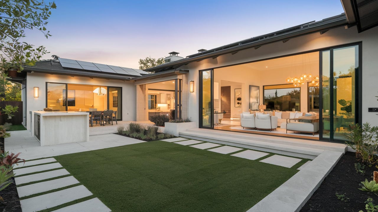 Modern single-story home with expansive glass doors, illuminated interiors, and a geometric lawn at dusk.