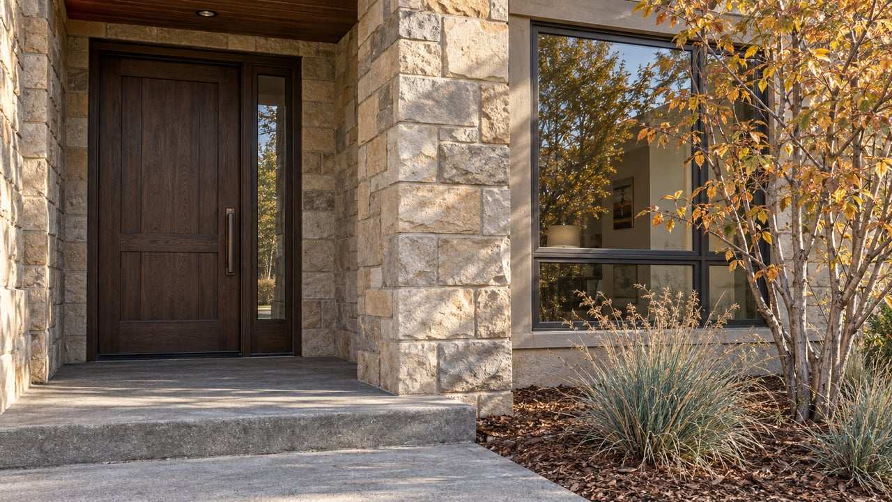 Autumn morning light on a recessed oak entry, sandstone wall and charcoal-framed window beside a serviceberry tree.