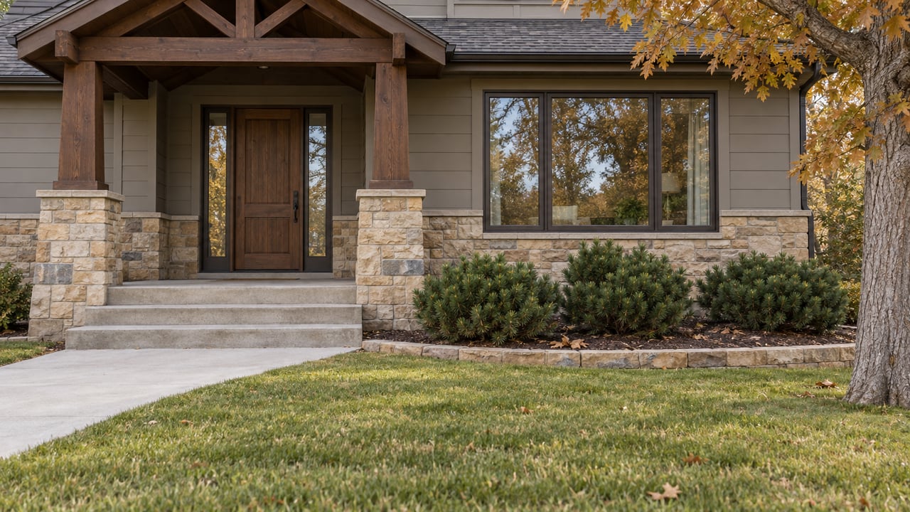 Autumn lawn and a concrete walk leading to a sandstone and timber porch with a walnut entrance door and gray siding.
