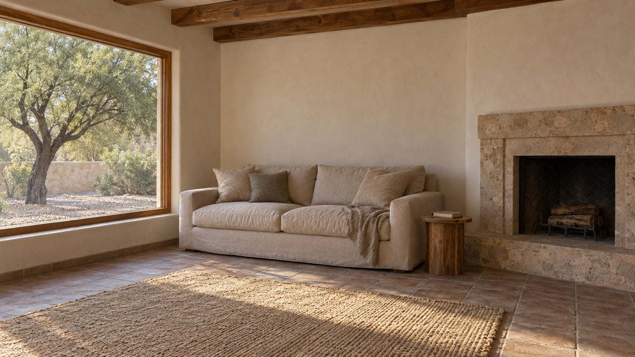 Living room with a linen sofa, recessed stone fireplace, and glazed window overlooking gravel and a mesquite tree.