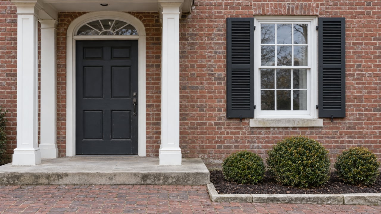Winter light falls across a red-brick home's charcoal door, white-trimmed window, worn limestone stoop and three boxwood shrubs.
