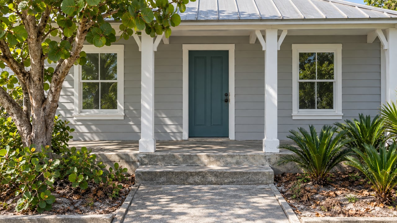 Gray cottage entry with a blue-green door, weathered concrete steps and sea grape foliage in bright daylight.