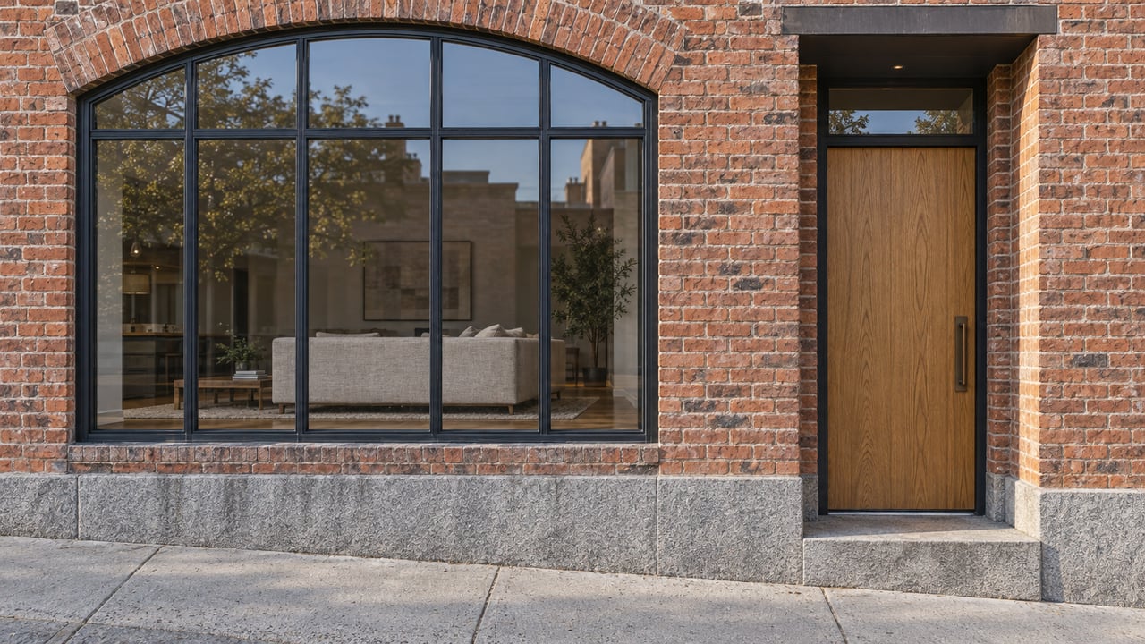 Sunlit brick residential facade with a tall arched steel window, recessed oak entrance and worn stone threshold above a sloping sidewalk.