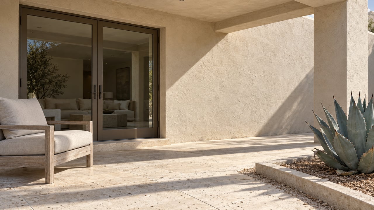 Sunlit ivory-stucco patio with bronze-framed glass doors, limestone paving, a teak lounge chair and a blue-gray agave.