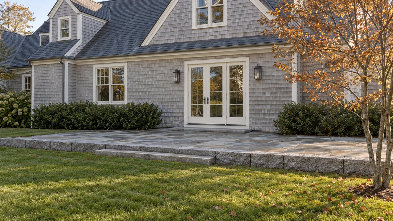 Weathered shingle house with a bluestone terrace, broad lawn, and a copper-leaved tree.